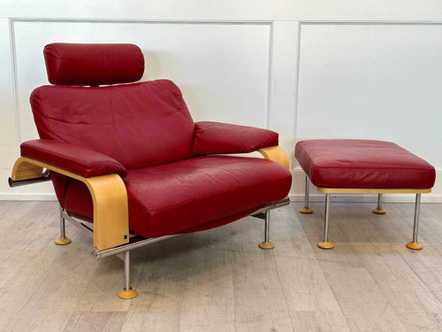 Swedish Red Leather Recliner + Ottoman