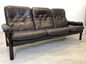 Dark 3-Seater Leather Couch w Wood Frame